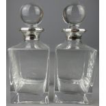 Pair of square form glass decanters with silver collars by W I Broadway & Co, Birmingham, 2003, H21.