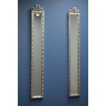 Pair narrow silver framed bevelled edge wall mirrors, W18cm,