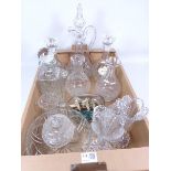 Pair of crystal decanters with porcelain 'Sherry' and 'Brandy' labels, large cut glass claret jug,