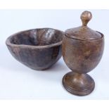 18th/ 19th Century carved fruit wood goblet with lid and a rustic bowl (2) Condition