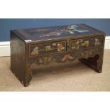 Chinese black lacquered stand with two drawers, gilt and painted decoration, W60cm,