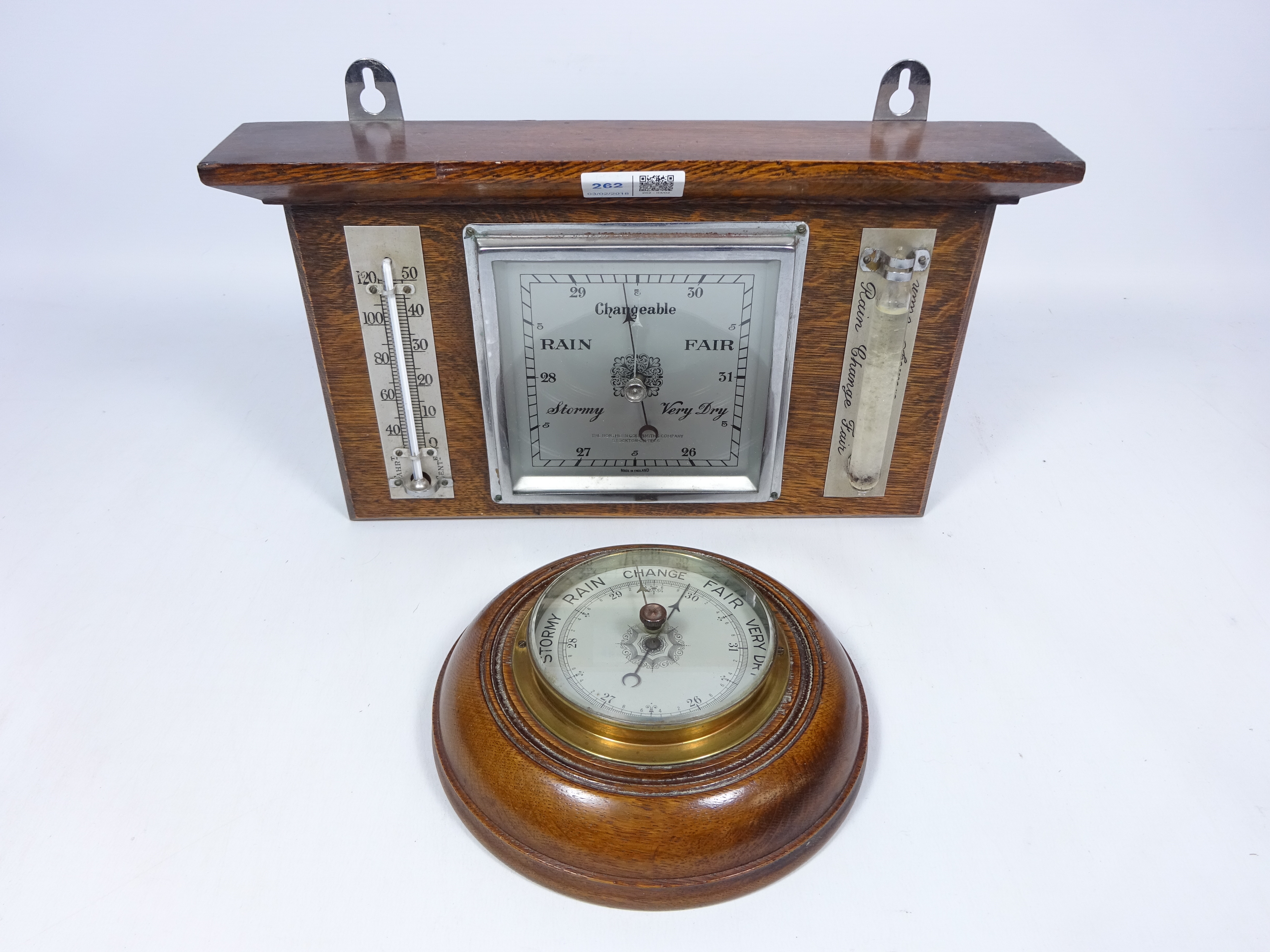 Art Deco period oak framed barometer and thermometer and another early 20th Century circular