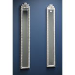 Pair narrow distressed paint framed bevelled edge wall mirrors, W18cm,