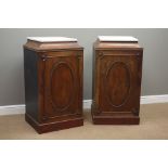 Pair early 19th century pedestal cupboards with marble tops, adjustable shelves to interior,