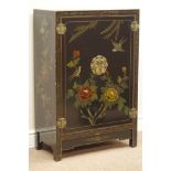 Chinese black lacquered two door cabinet, gilt and painted wildlife decoration, W61cm, H92cm,