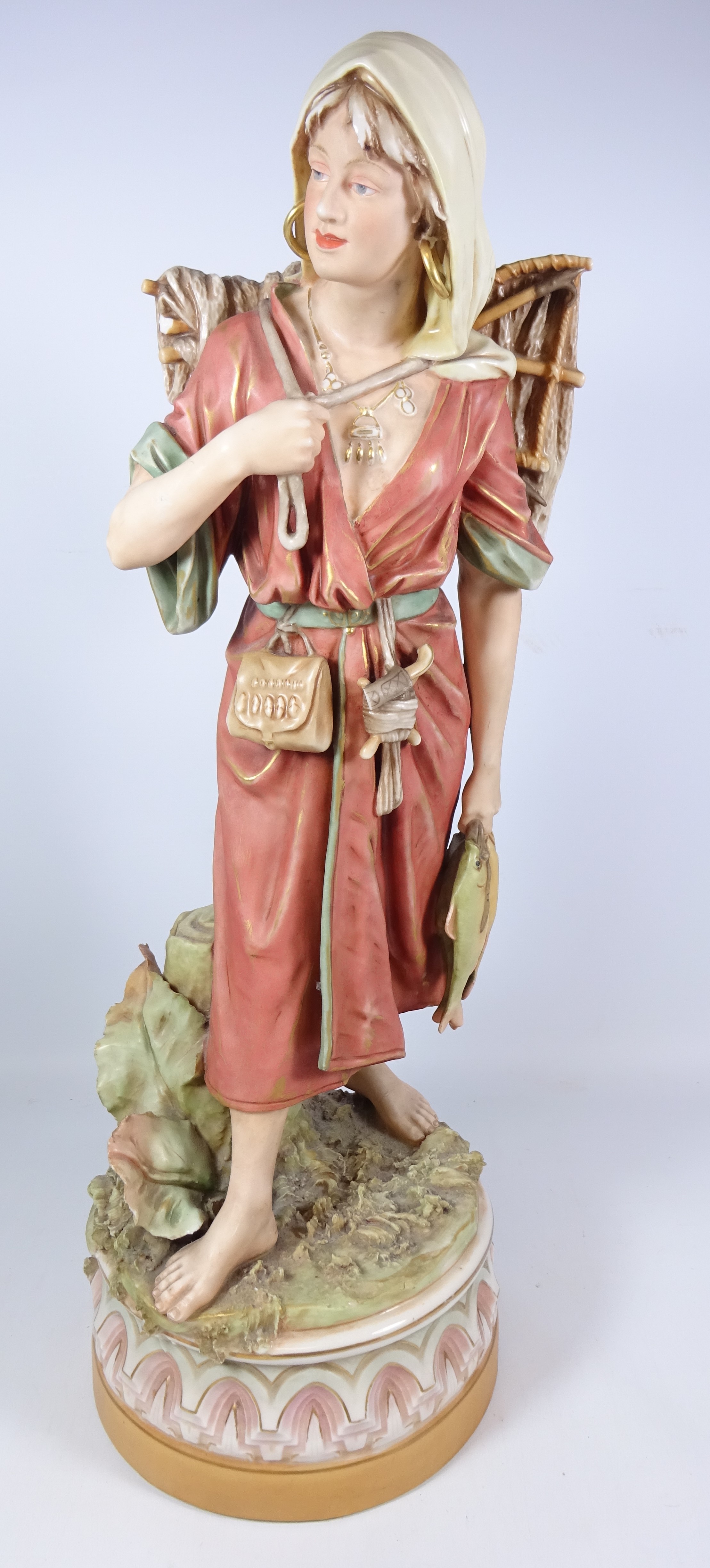 Large Royal Dux figure of a fisherwoman, modelled by Hampel,