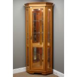 Teak finish illuminated corner display cabinet, W82cm,