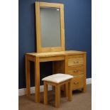 Light ash dressing table with three drawers, wall mirror and stool, W101cm, H76cm,