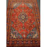 4093 Persian red ground rug carpet, blue pole medallion, with floral motifs,