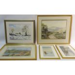 Six 20th century watercolours - Sheep and Cattle in Farmland, unsigned, Fishing Boats at Sea,