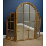 Three sectional arch top 'window' mirror in painted wood frame, W180cm,