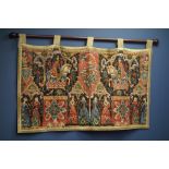 Medieval style wall hanging with various figures and Latin trailing inscriptions,