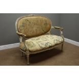 20th century French style distressed painted beech framed settee, carved floral pediment,