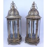 Pair bronze finish classical eight sided glass lantern with carrying handle,