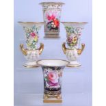 Pair of early 19th Century Derby spill vases with floral encrusted decoration and two other early