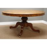 Victorian and later walnut breakfast table, figured moulded oval tilt top,