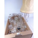 Three Waterford ash trays, crystal candlesticks, Stuart etched glass decanter carafe and tumbler,