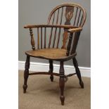 19th century yew wood and elm Windsor armchair, turned supports with crinoline stretcher,