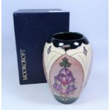 Moorcroft 'Foxgloves' pattern vase, dated 1993, with original box,