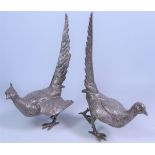 Pair of plated cast metal pheasant sculptures,