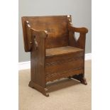 Medium oak Monks bench with hinged box seat, W77cm, H89cm,