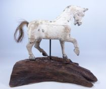Carved wooden model of a horse, with traces of chalk/ lime finish, with horses hair tail,