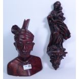 Carved hard wood bust and a classical figure of the Virgin Mary and Child,