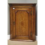 19th century oak and mahogany banded wall hanging corner cupboard, inlaid motif to door, W75cm,