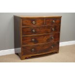 Early 19th century mahogany bow front chest, two short and three long drawers, bracket feet, W109cm,