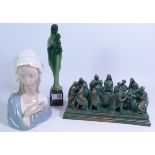 Brass sculpture of the Last Supper, indistinctly signed L27cm, Lladro bust 'Madonna' no.
