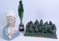 Brass sculpture of the Last Supper, indistinctly signed L27cm, Lladro bust 'Madonna' no.