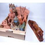 Collection of Studio Pottery sculptures, African carved wooden model of a girl,