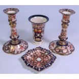 Pair of early 20th Century Royal Crown Derby Imari pattern candlesticks, no. 2451, dated 1901, H15.