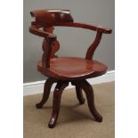 20th century mahogany swivel office elbow chair, on four splayed supports, dished seat,