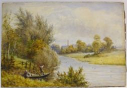Rural River Scene with Figures in a Boat,