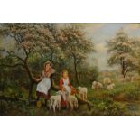 Girls Feeding Lambs in the Orchard,