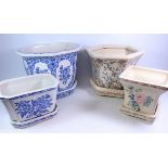Large oriental blue and white jardiniere, H31cm, similar smaller jardiniere and two others,