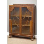 Art Deco period figured walnut display cabinet, two glazed doors, W94cm, H127cm,
