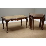 Reproduction figured walnut nest of three tables (W57cm, H55cm, D48cm),