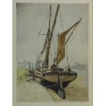 'Old Medway Barge', limited edition hand coloured etching no.