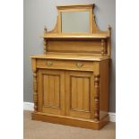 Edwardian light oak chiffonier, raised mirror back with turned supports and carved detail,