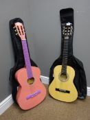 Alba 3/4 size acoustic guitar in carry case and a Burswood 3/4 size acoustic guitar in pink,