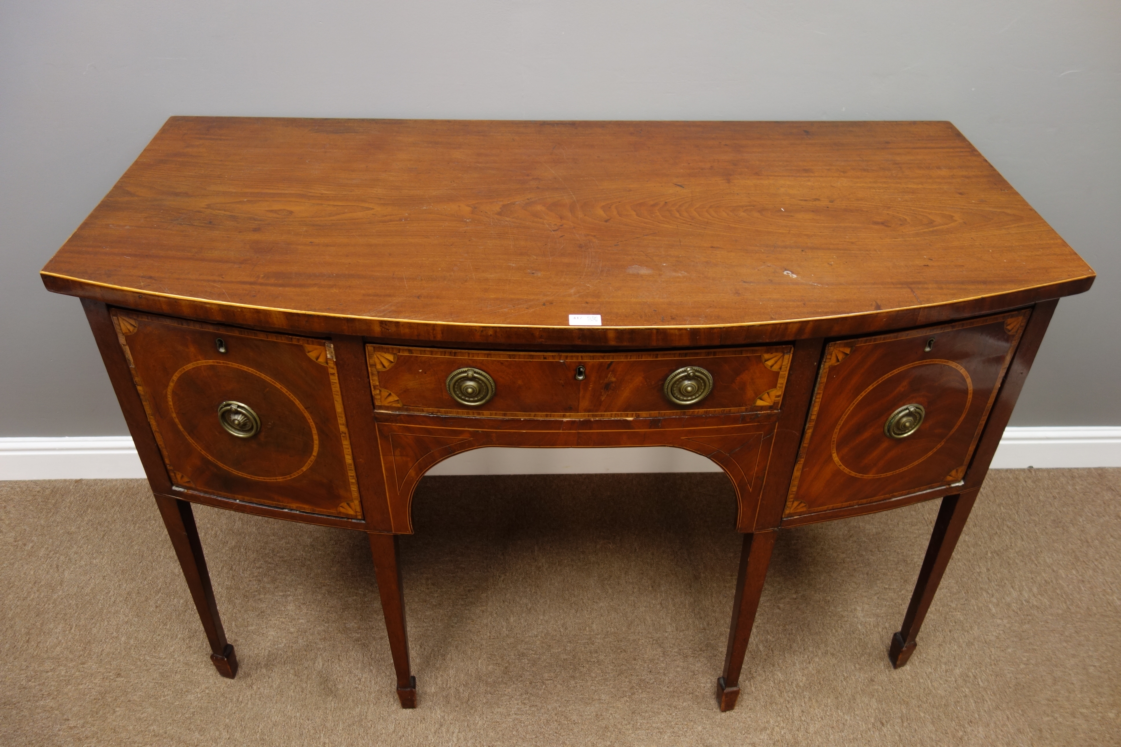 George III mahogany bow front sideboard, centre drawer, two cupboards, - Image 8 of 9