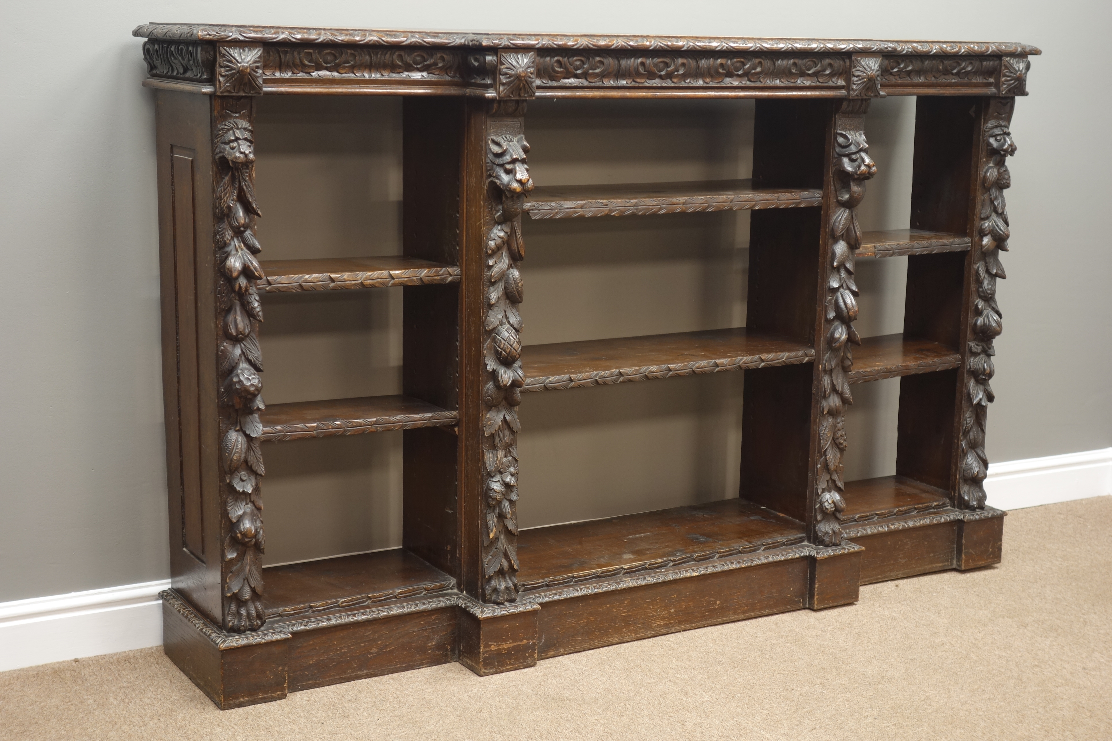 Victorian oak open bookcase, break front top with lunette moulding, - Image 2 of 2