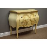 Painted and gilt French style bombe shaped chest, two drawers, carved scrolling detail, W101cm,