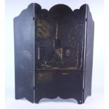 Victorian lacquered papier mache fire screen with hand painted and mother of pearl decoration,