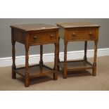 Pair medium oak bedside/lamp tables with drawer and undertier, W43cm, H60cm,
