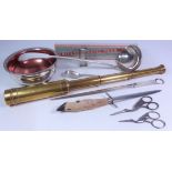 Three draw brass telescope, Dunhill lighter, deer foot letter opener, silver-plated ladle,