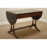 Reproduction Regency style mahogany drop leaf sofa table, two drawers, leather inset top, W101cm,