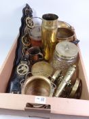 WWI brass shell cases, oak biscuit barrel, horse brasses,